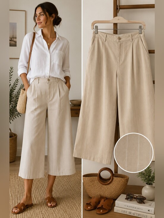 Pants - 100% Cotton Cropped Wide Leg Culotte Pants Beige High Rise Size S